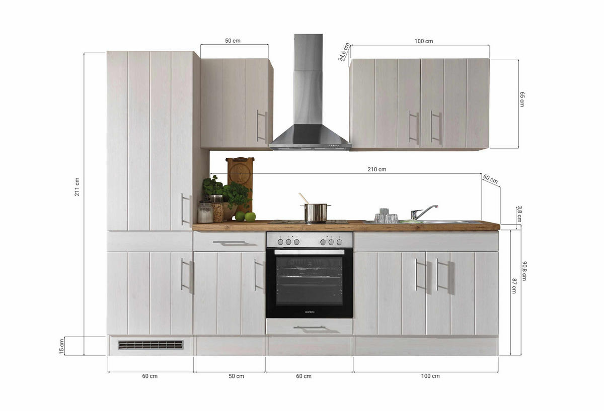 MODULKÖK 270 cm   i vit, lärkfärgad  - stålfärgad/vit, Romantik / Lanthus, metall/trämaterial (270cm) - Respekta
