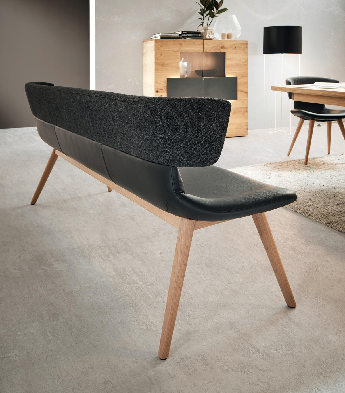 SITZBANK 210/84,5/64,5 cm Flachgewebe Echtleder Schwarz, Eichefarben Wildeiche massiv  - Eichefarben/Schwarz, Natur, Leder/Holz (210/84,5/64,5cm) - Voglauer