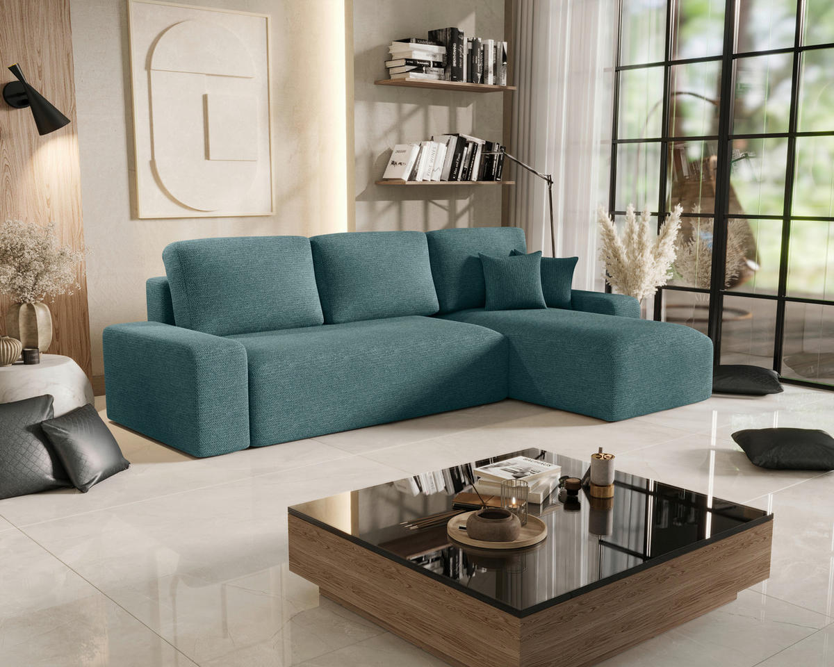 ECKSOFA Grau Bouclé Zierkissen, Rückenkissen, Bettkasten, Schlaffunktion, Rücken echt, Stauraum  - Schwarz/Grau, MODERN, Kunststoff/Textil (248/143cm) - Xora