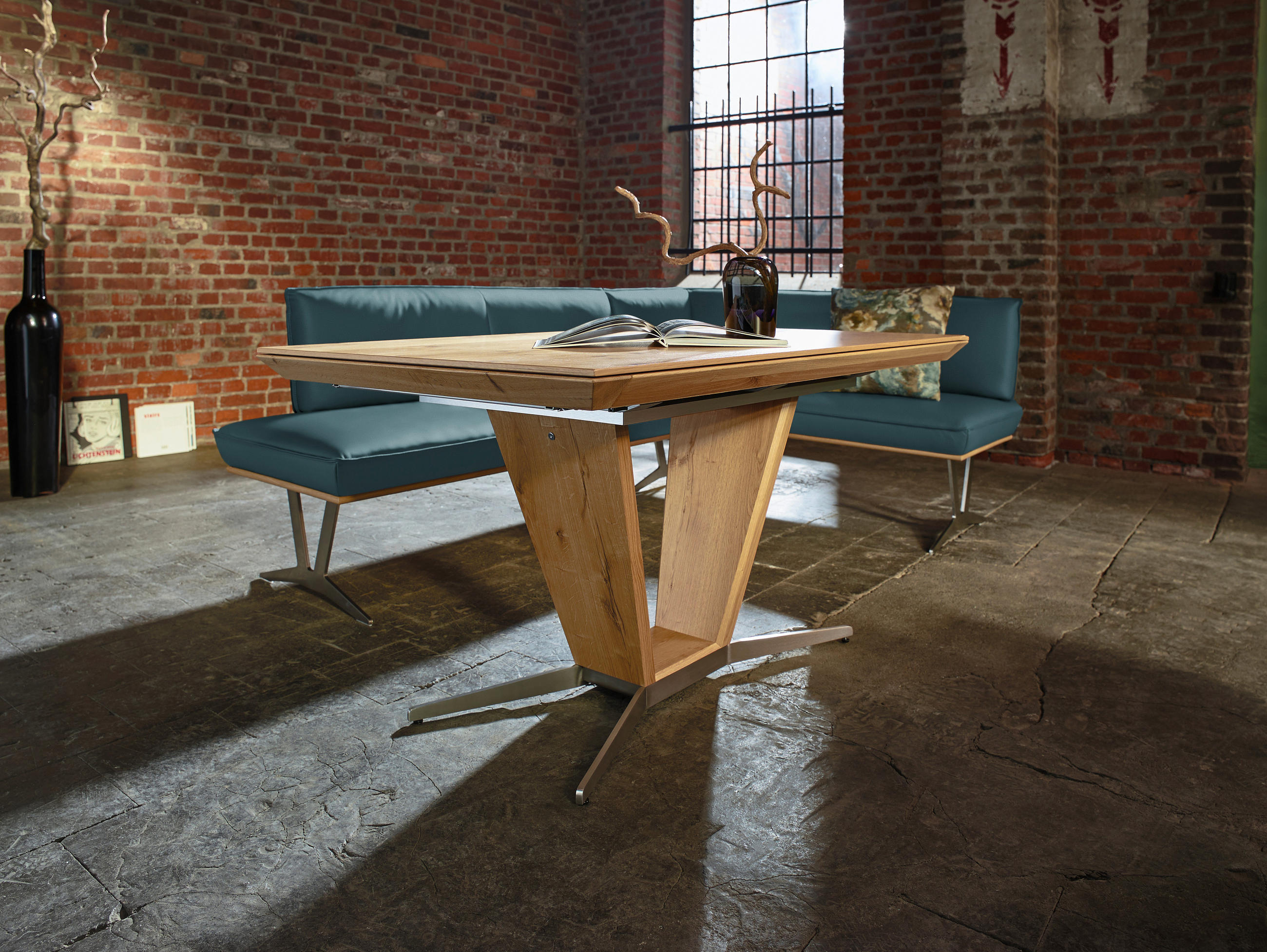 ECKBANK 197/162 cm  in Blau, Grün  - Blau/Edelstahlfarben, Design, Leder/Holz (197/162cm) - Ambiente