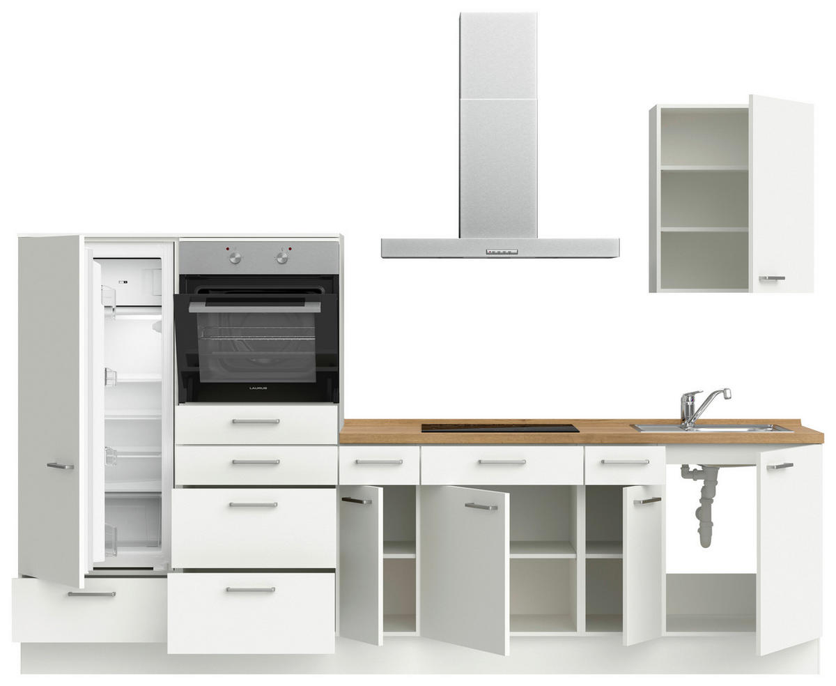 KÜCHENLEERBLOCK 300 cm   in Weiß, Eichefarben  - Edelstahlfarben/Eichefarben, MODERN, Holzwerkstoff/Metall (300cm) - Nobilia