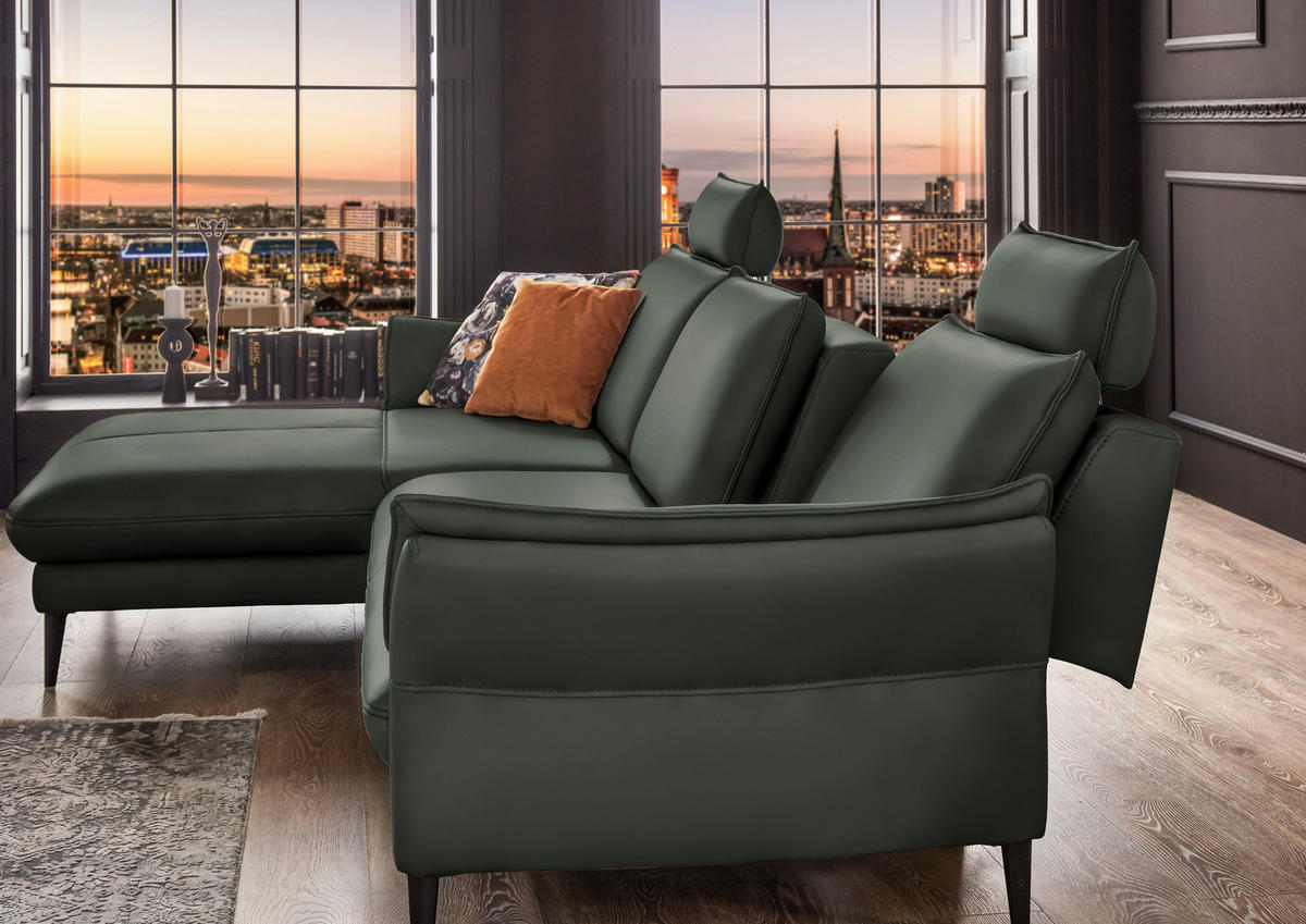 ECKSOFA inkl. Funktion in Echtleder Olivgrün  - Schwarz/Olivgrün, Design, Leder/Metall (172/334cm) - Hukla