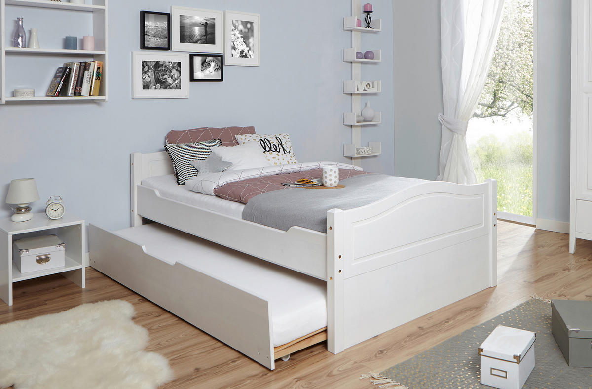AUSZIEHBETT 120/200 cm,  in Weiß, Bettkasten, Rollrost für Zusatzbett, Rollrost für Hauptbett  - Naturfarben/Weiß, MODERN, Holz (120/200cm) - MID.YOU