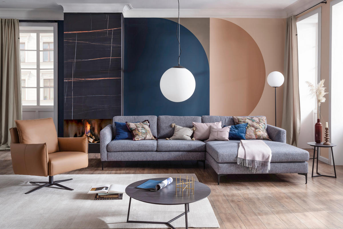 ECKSOFA Blaugrau Flachgewebe Rücken echt  - Blaugrau/Schwarz, Design, Textil/Metall (310/195cm) - Schöner Wohnen