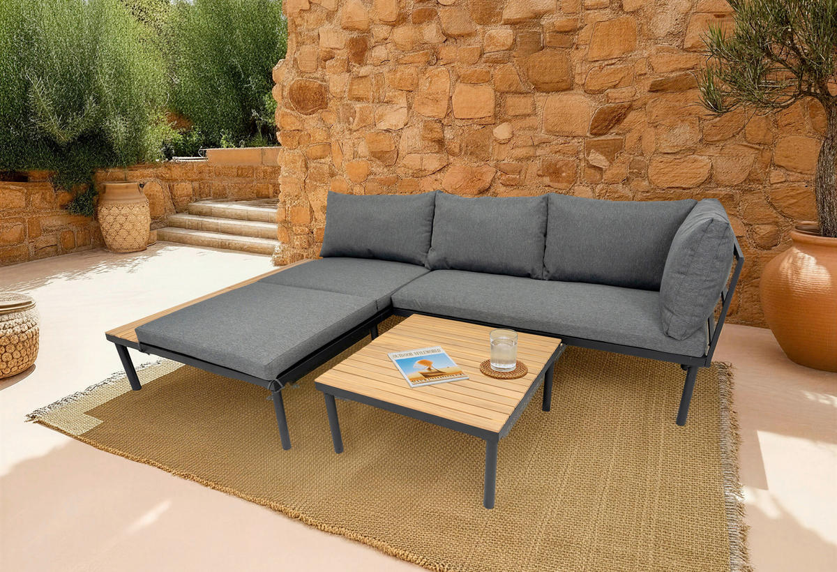 LOUNGEGARNITUR 159/273,5 cm Akazie massiv Eisen  - Schwarz/Grau, Basics, Holz/Textil (159/273,5cm) - Ambia Garden