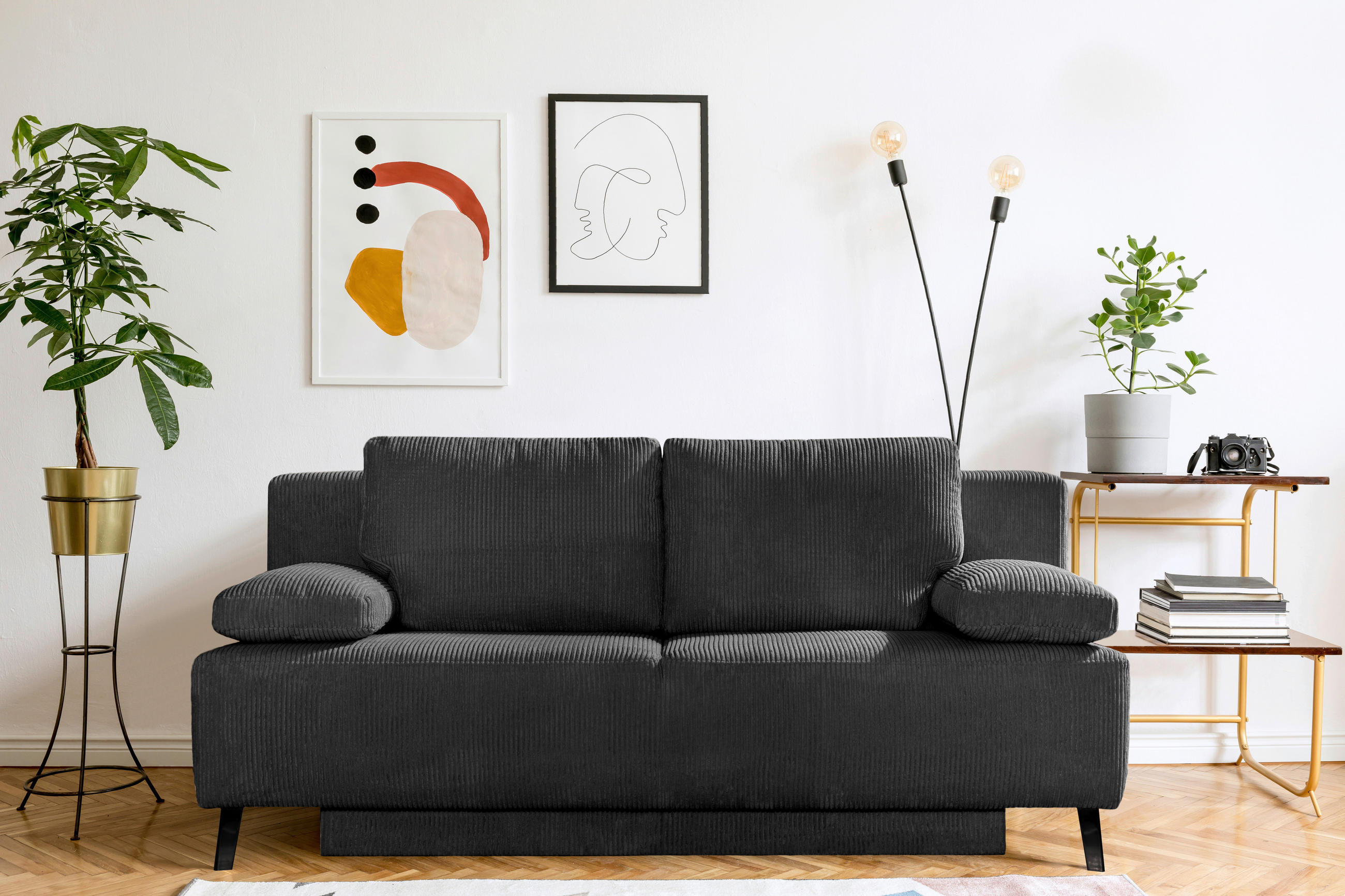 SCHLAFSOFA Cord Grau  - Schwarz/Grau, MODERN, Textil/Metall (197/92/88cm)