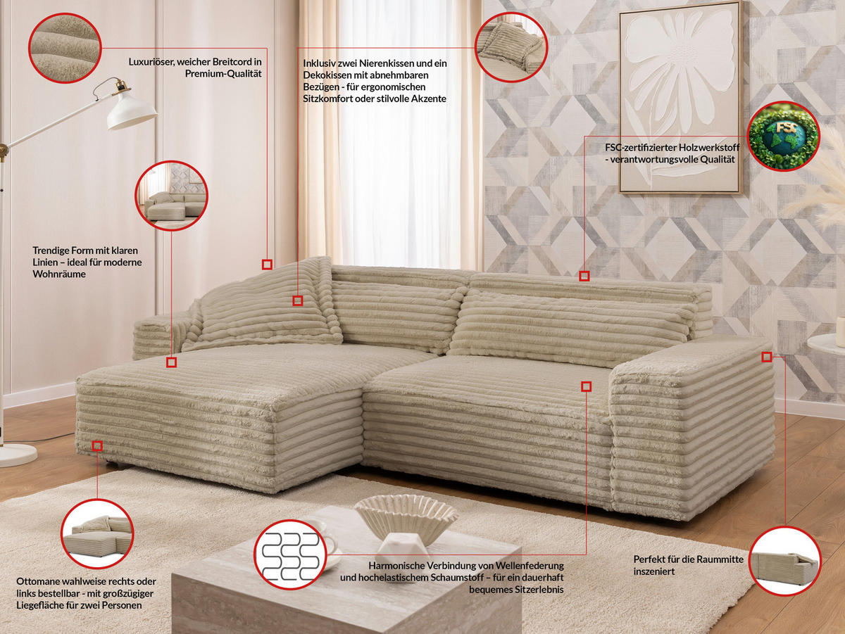 ECKSOFA Curduroy in Cord Hellbraun Rückenkissen  251/142 cm  - Hellbraun/Schwarz, Design, Kunststoff/Textil (251/142cm) - P & B