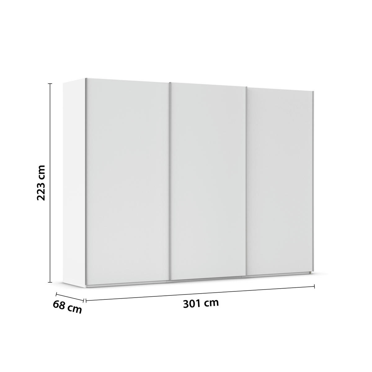 SCHWEBETÜRENSCHRANK 301/223/68 cm 3-türig Weiß, Weiß Hochglanz  - Weiß Hochglanz/Alufarben, Basics, Holzwerkstoff/Metall (301/223/68cm) - Novel
