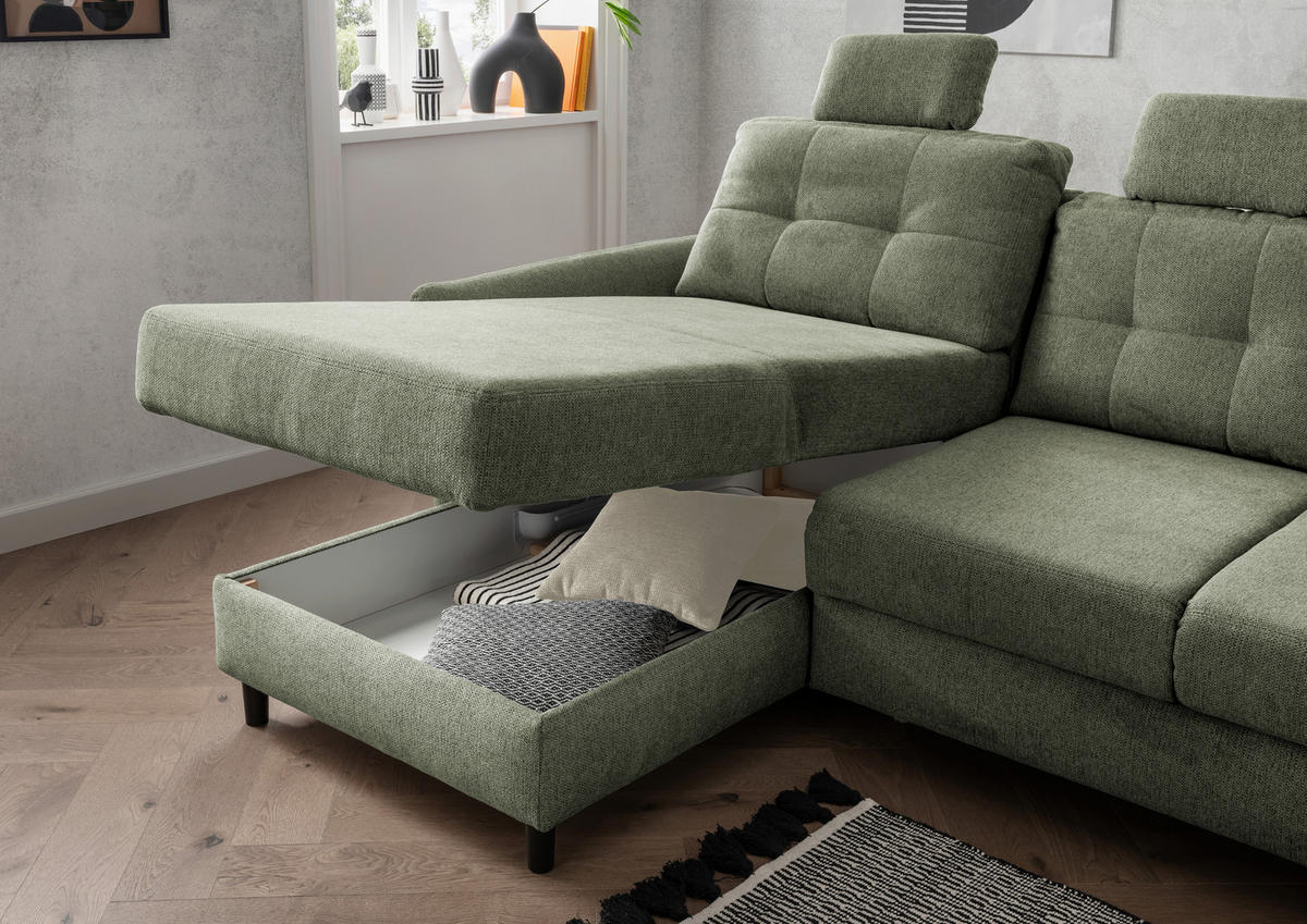 ECKSOFA in Chenille Dunkelgrün  - Dunkelgrün/Beige, Modern, Holz/Textil (176/250-280cm) - Livetastic
