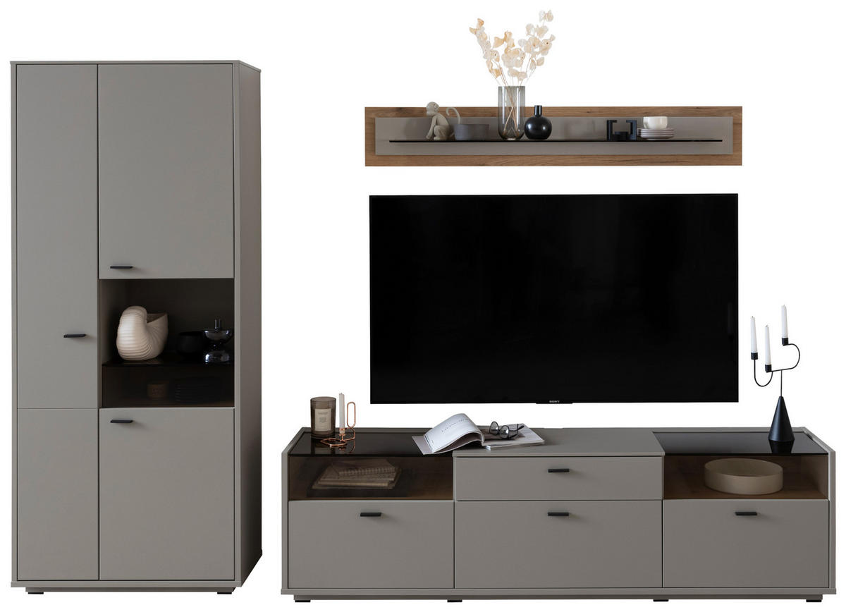 REGAL ZA DNEVNI BORAVAK siva, boje hrasta   - siva/boje hrasta, Design, staklo/drvni materijal (301/200/44cm) - Stylife