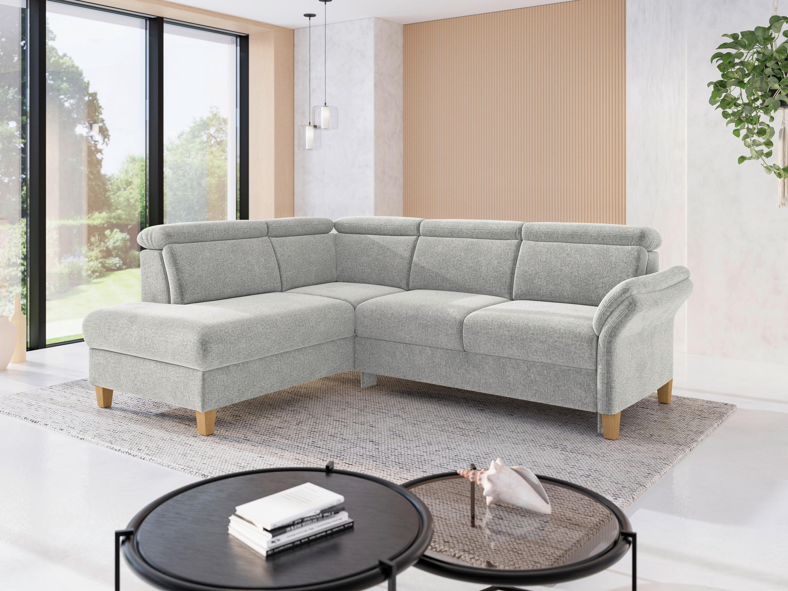 ECKSOFA GLENDALE E Hellgrau Flachgewebe  - Eichefarben/Hellgrau, KONVENTIONELL, Holz/Textil (193/247cm) - Sit & More