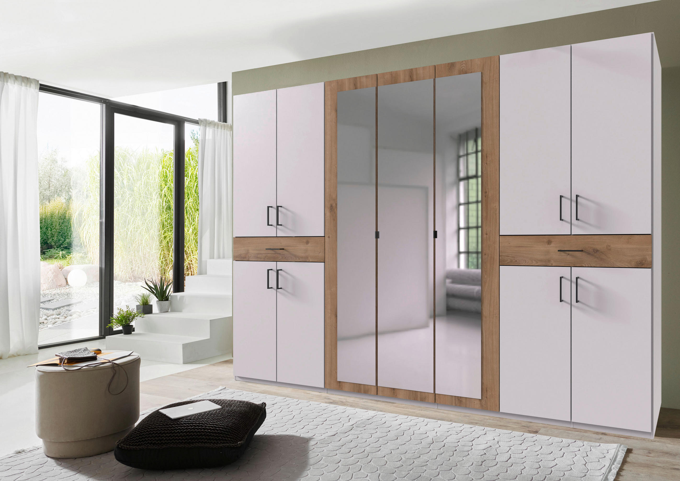 DREHTÜRENSCHRANK  in Weiß, Plankeneiche  - Plankeneiche/Schwarz, KONVENTIONELL, Glas/Holzwerkstoff (313/208/58cm) - Carryhome