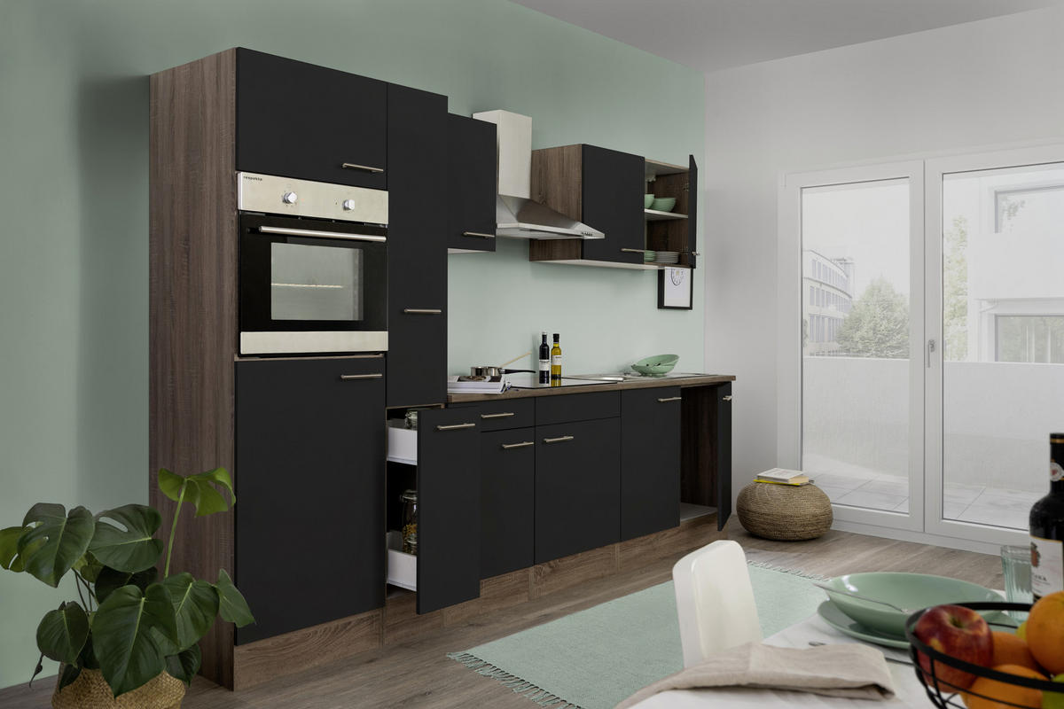 KÜCHENBLOCK 300 cm   in Schwarz, Eichefarben  - Edelstahlfarben/Eichefarben, Design, Holzwerkstoff/Metall (300cm) - Respekta