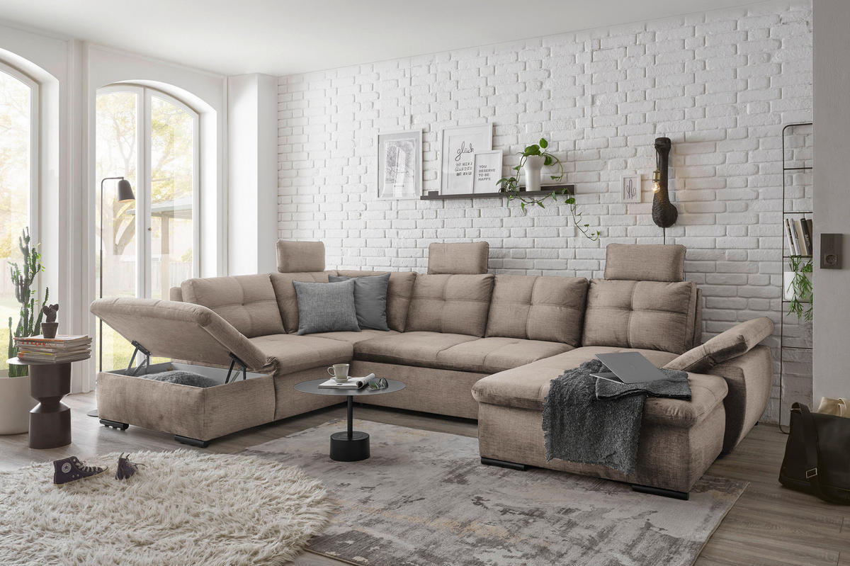 WOHNLANDSCHAFT in Mikrovelours Creme  - Creme/Schwarz, Konventionell, Kunststoff/Textil (217/334/127cm) - Carryhome