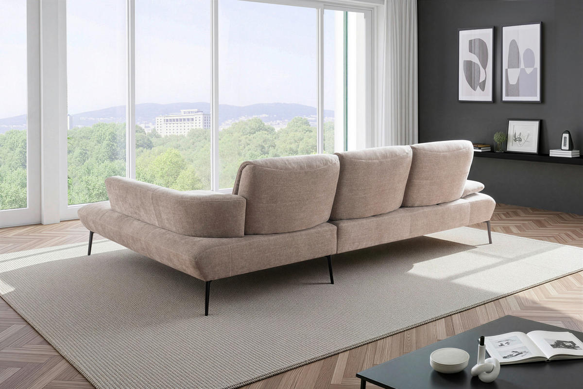 ECKSOFA Taupe Chenille Rücken echt, Sitztiefenverstellung  - Taupe/Schwarz, Design, Textil/Metall (190/320cm) - Moderano