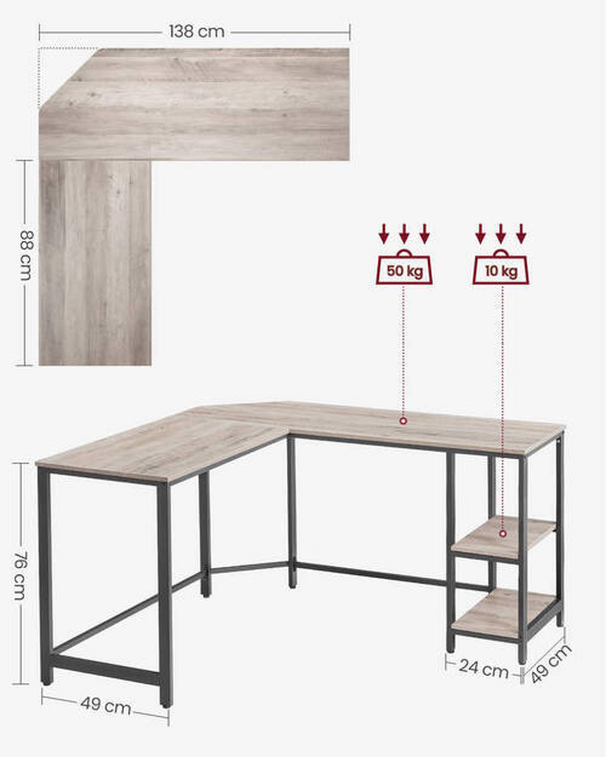 ECKSCHREIBTISCH 138/138/76 cm  in Schwarz, Eiche grau  - Eiche grau/Schwarz, Basics, Holzwerkstoff/Metall (138/138/76cm) - Boxxx
