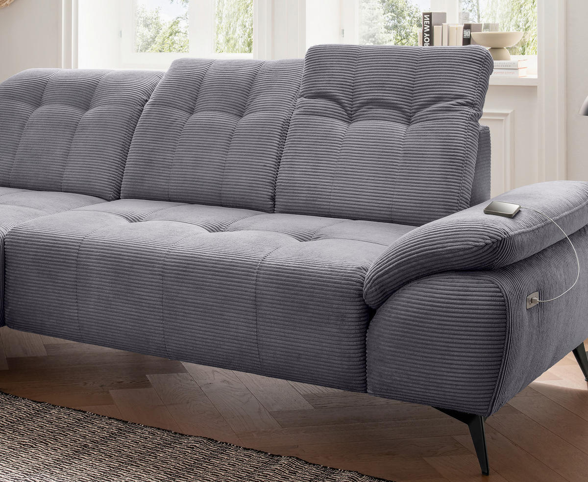 ECKSOFA FIORE in Cord Grau Kopfteilverstellung, Sitzvorzug  180/280 cm  - Schwarz/Grau, MODERN, Textil/Metall (180/280cm) - Livetastic