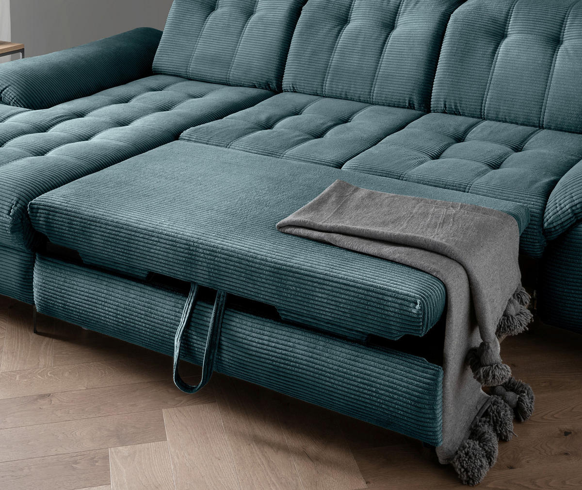ECKSCHLAFSOFA in Cord Petrol  - Petrol/Schwarz, Modern, Textil/Metall (189/273cm) - Livetastic