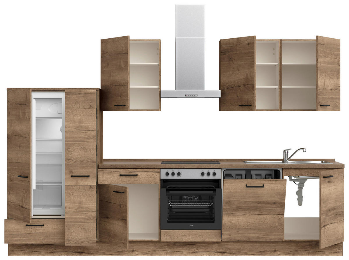 KÜCHENBLOCK 330 cm   in Eiche dunkel  - Eiche dunkel/Eichefarben, MODERN, Holzwerkstoff/Metall (330cm) - Nobilia