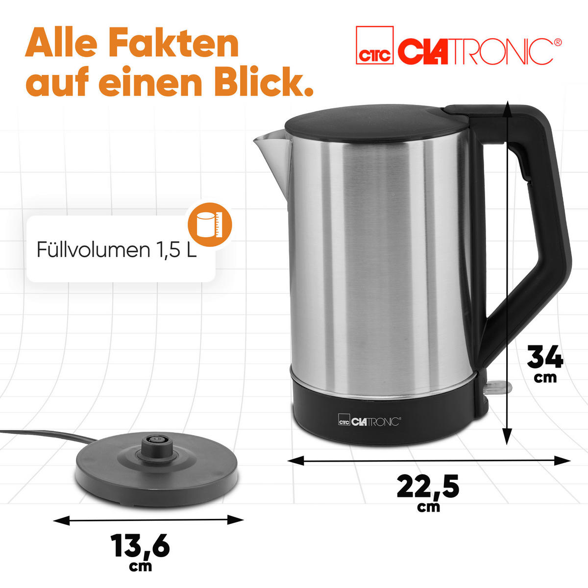 WASSERKOCHER 1,5 L  - Edelstahlfarben/Schwarz, Trend, Kunststoff/Metall (21/22/16cm) - Clatronic