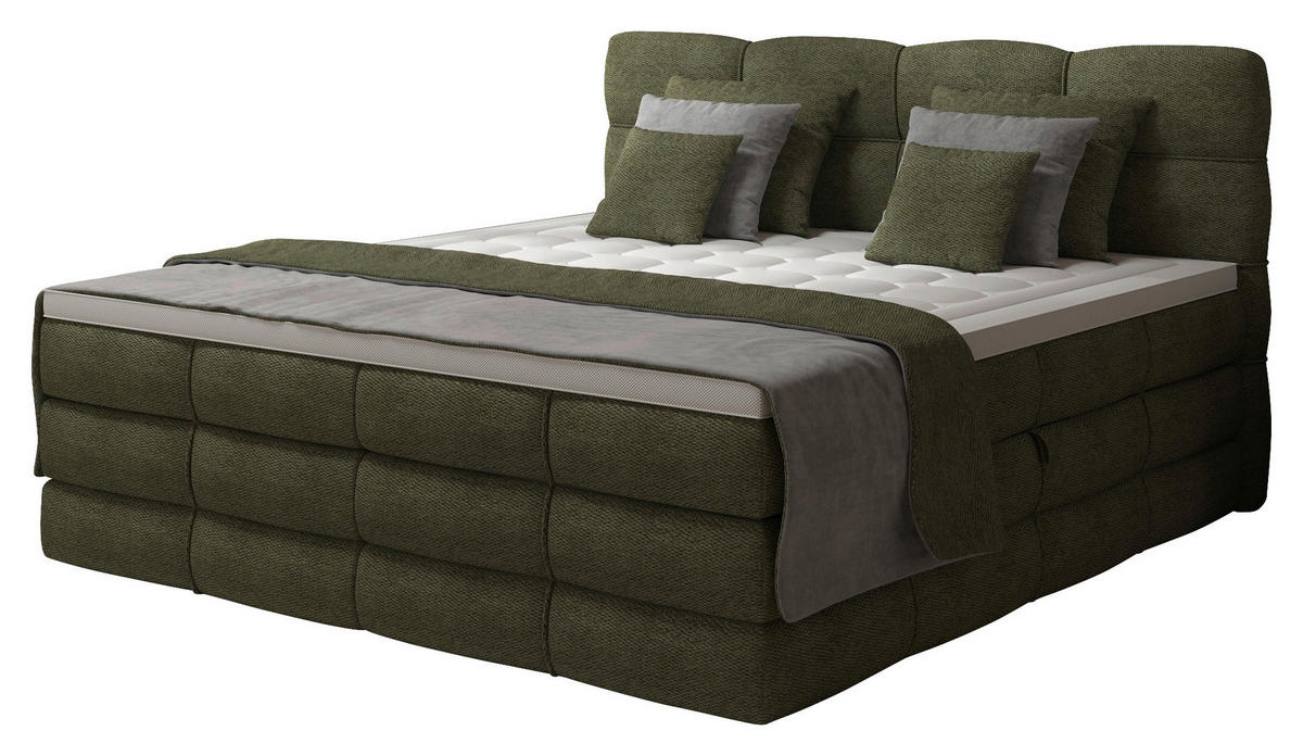 BOXSPRINGBETT 160/200 cm,  in Grün, gepolstertes Kopfteil, Bettkasten, Topper, Matratzen, H3 + H3 = fest  - Schwarz/Grün, Design, Kunststoff/Textil (160/200cm) - Chameo