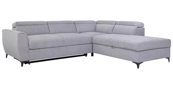 ECKSOFA Grau Velours Bettkasten, Schlaffunktion, Rücken echt, Kopfteilverstellung, Liegefläche im Originalstoff  - Schwarz/Grau, KONVENTIONELL, Textil/Metall (255/217cm) - Carryhome