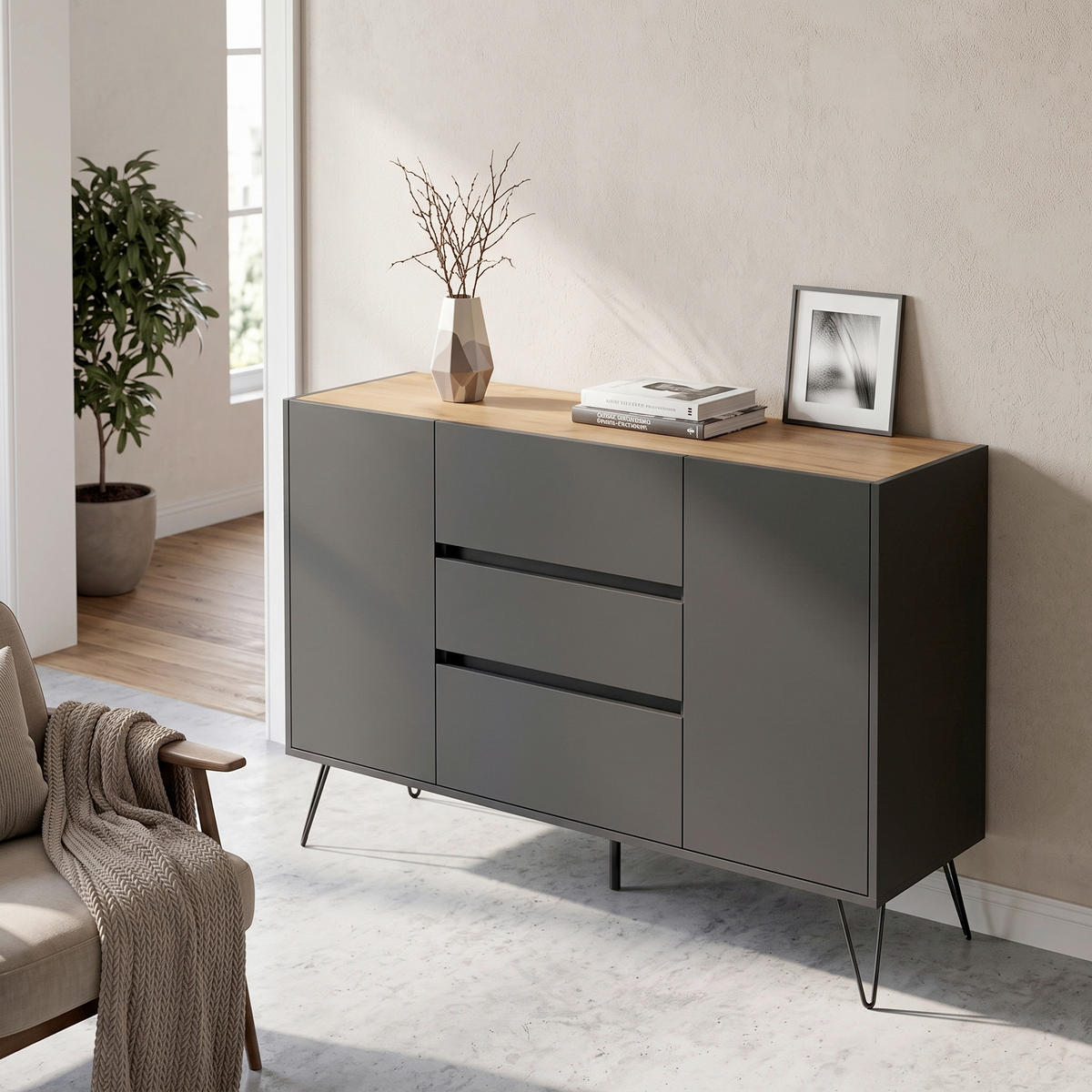 SIDEBOARD Posseik Industrial 140/93,6/42 cm 3 Schublade(n)  - Eichefarben/Graphitfarben, Design, Holzwerkstoff/Metall (140/93,6/42cm) - MID.YOU
