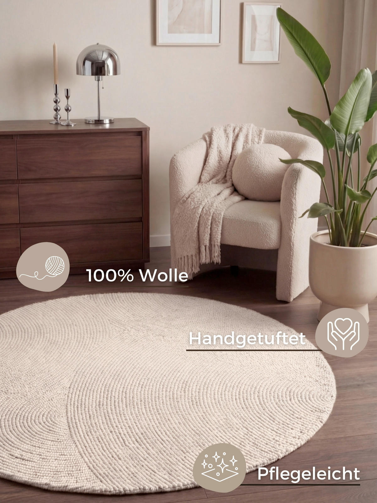WOLLTEPPICH 120 cm Calmio Creme rund  - Creme, Basics, Textil (120cm) - Hanse Home