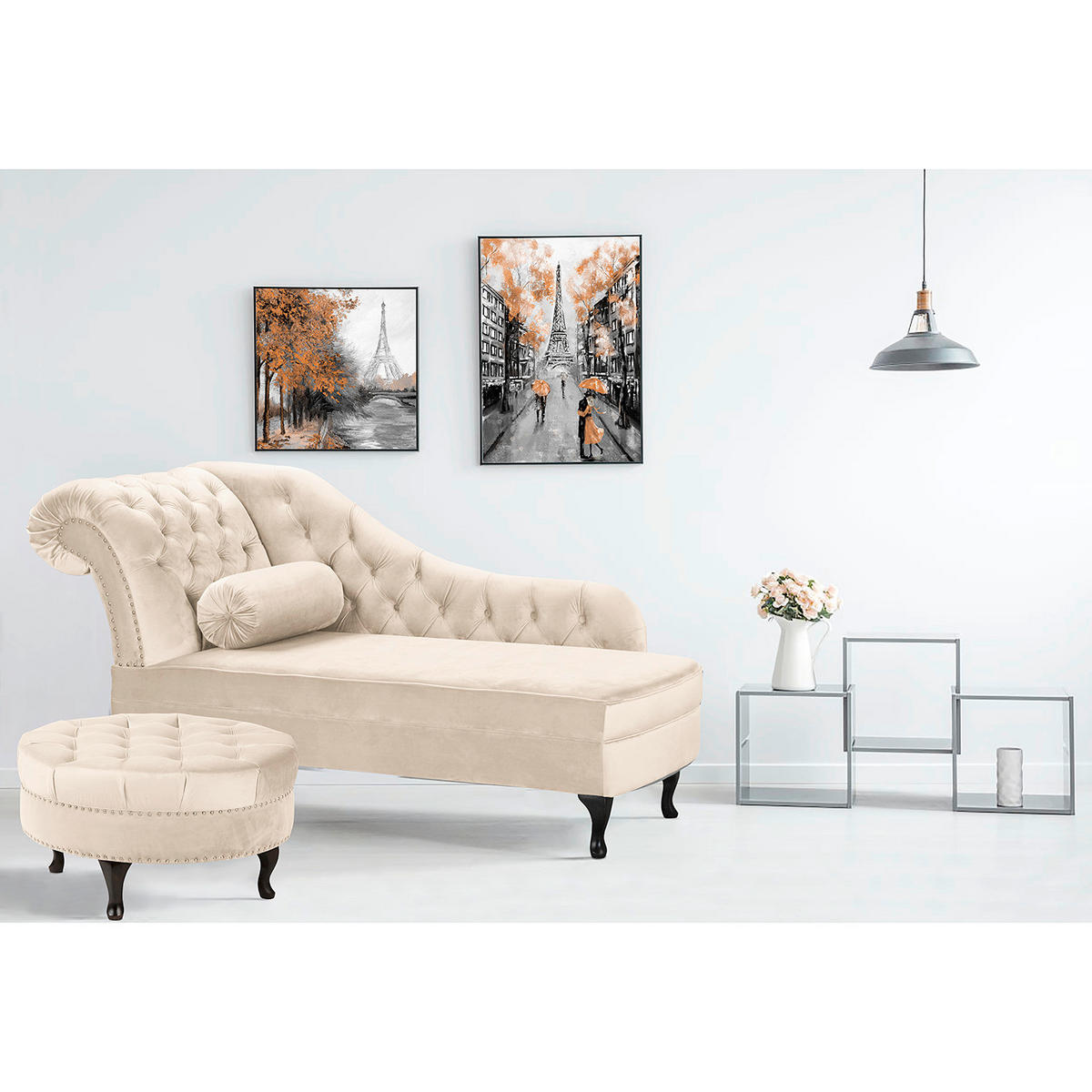 RÉCAMIERE Samt Creme  - Creme/Braun, Design, Holz/Textil (185/93/75cm) - Livetastic