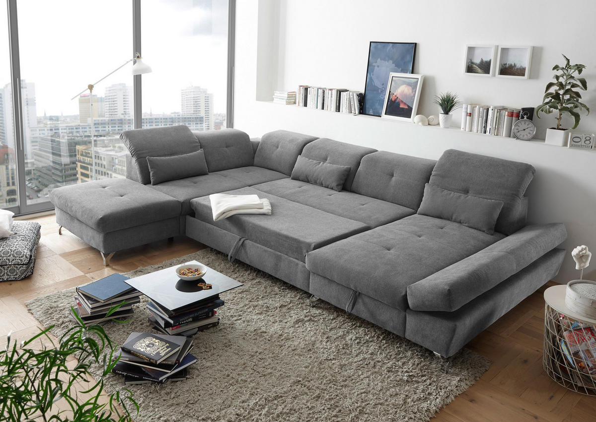 WOHNLANDSCHAFT Schlammfarben Mikrovelours  - Schlammfarben/Silberfarben, MODERN, Textil/Metall (245/350/168cm) - MID.YOU