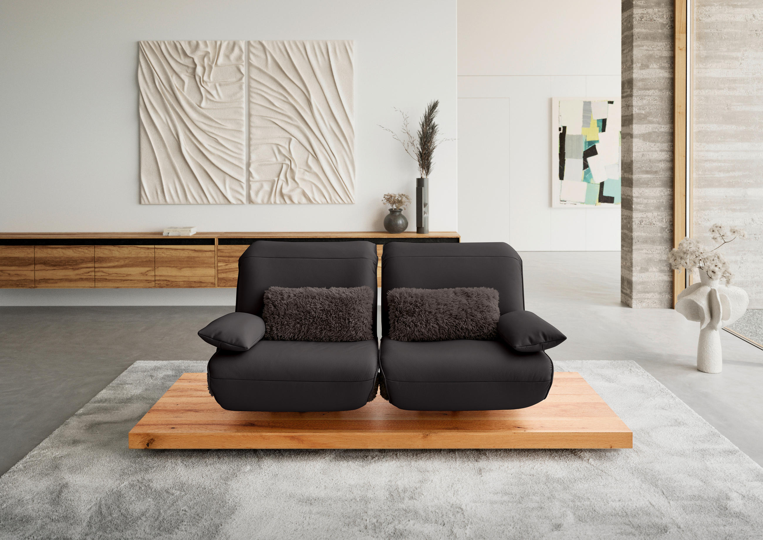 2-SITZER-SOFA Kombination Echtleder/Stoff Hochflor Braun  - Eichefarben/Beige, Design, Leder/Holz (240/65-115/104-180cm) - Koinor