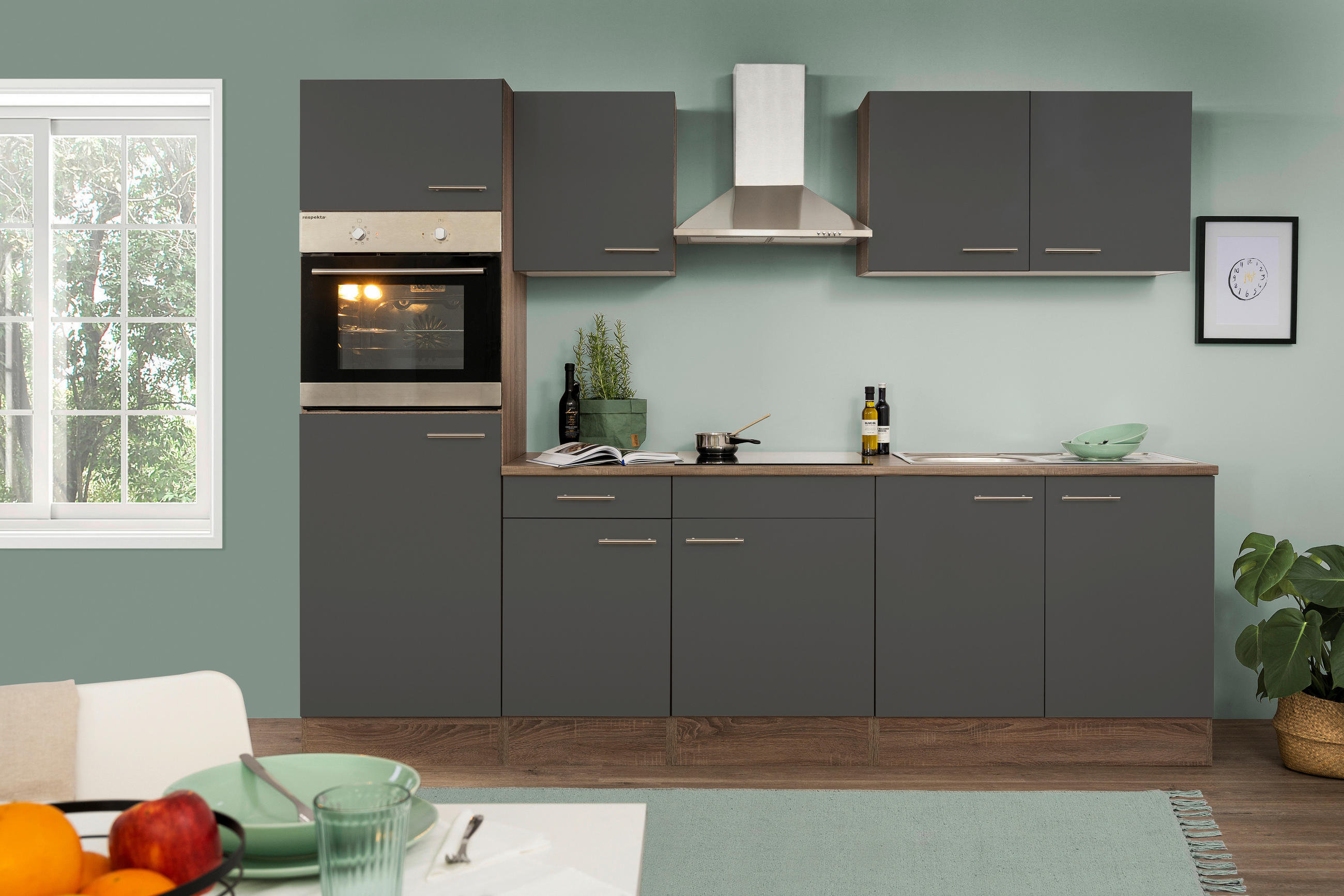 KÜCHENBLOCK 270 cm in Grau - Edelstahlfarben/Eichefarben, Design, Holzwerkstoff/Metall (270cm) - Respekta