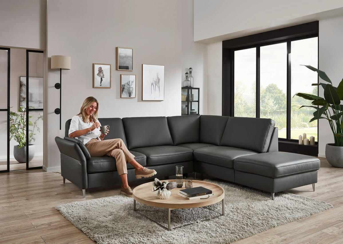 ECKSOFA Beldomo Premium in Echtleder Anthrazit  263/235 cm  - Anthrazit/Alufarben, KONVENTIONELL, Leder/Metall (263/235cm) - Beldomo Premium