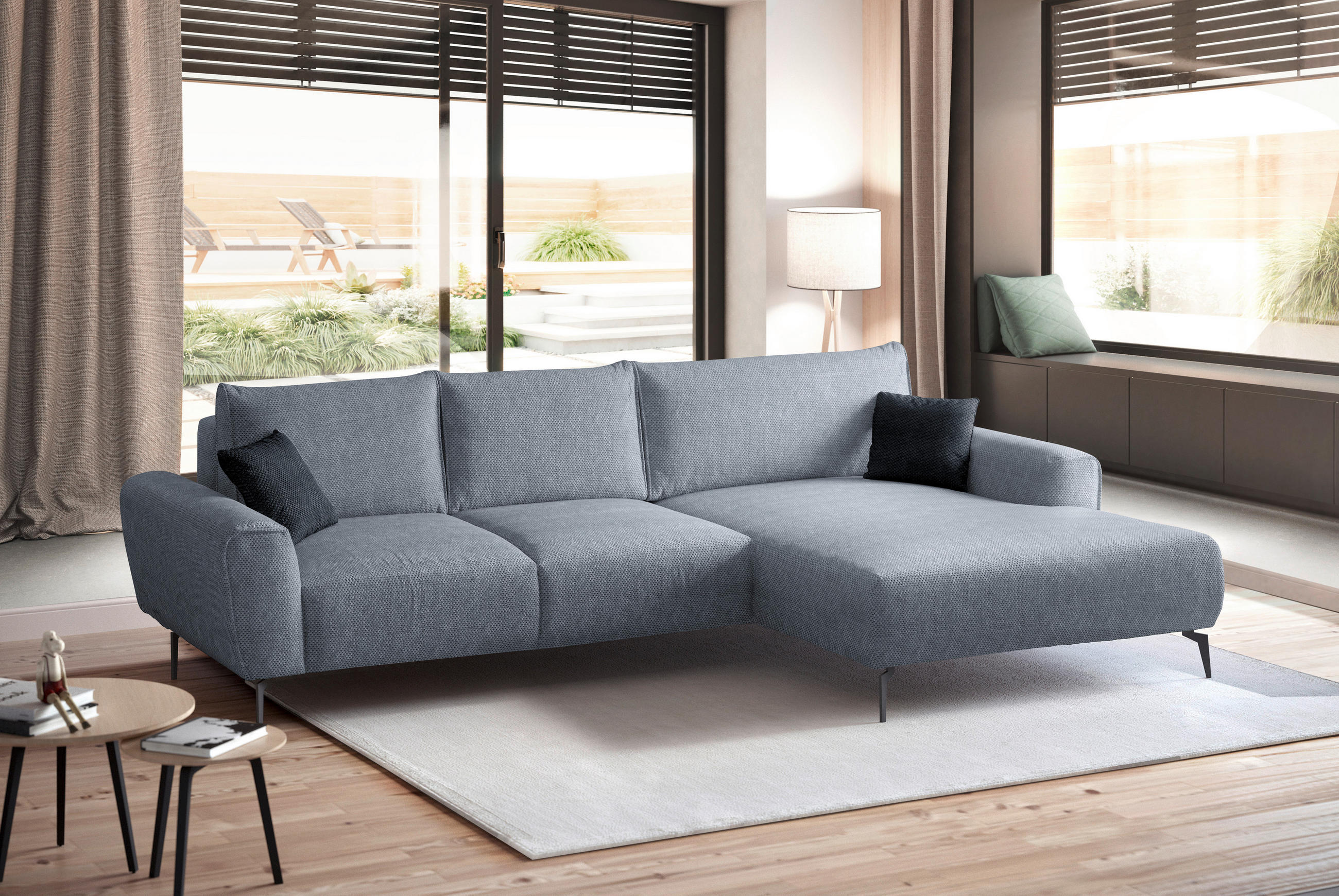 ECKSOFA in Webstoff Blaugrau  - Blaugrau/Schwarz, Design, Textil/Metall (272/170cm) - Welnova