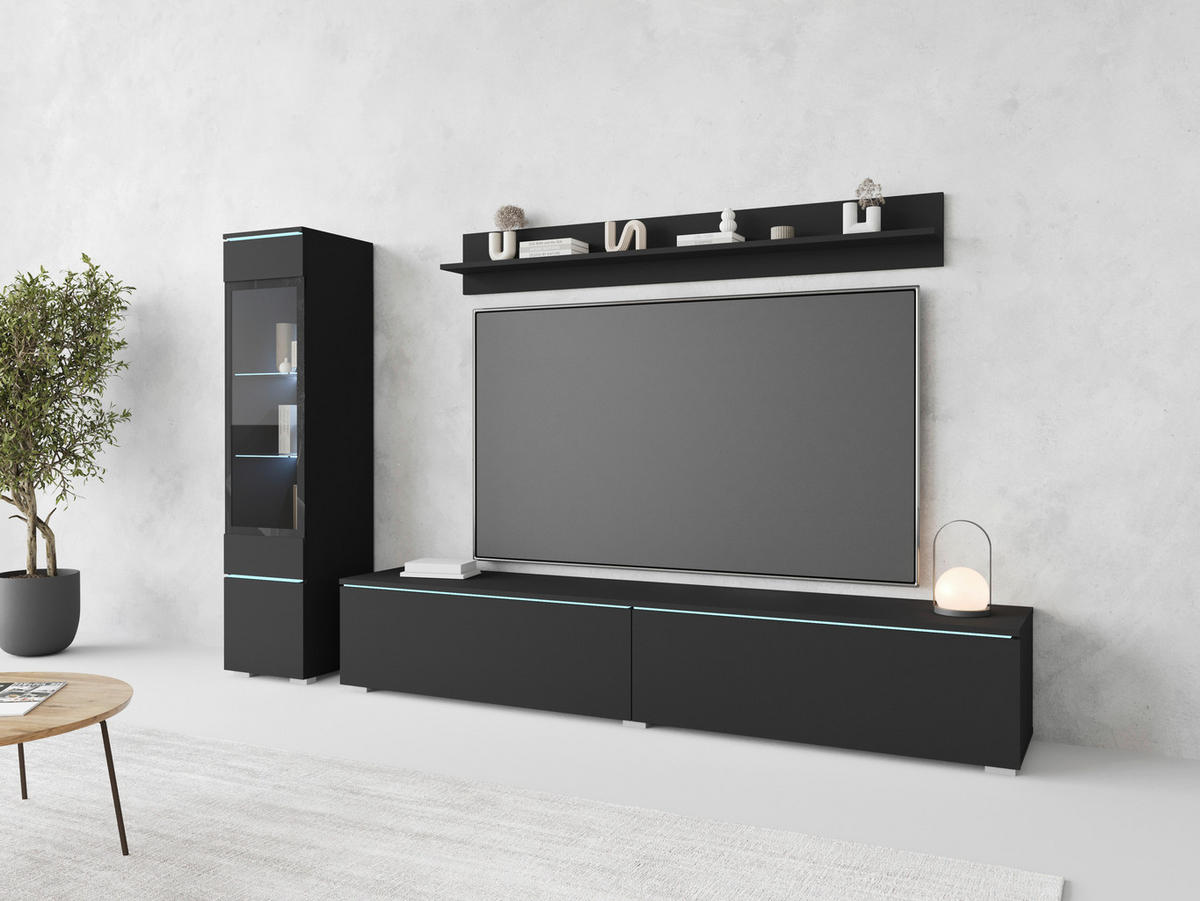 WOHNWAND 3-teilig  in Graphitfarben 210/130/33 cm  - Schwarz/Graphitfarben, Basics, Glas/Holzwerkstoff (210/130/33cm) - P & B