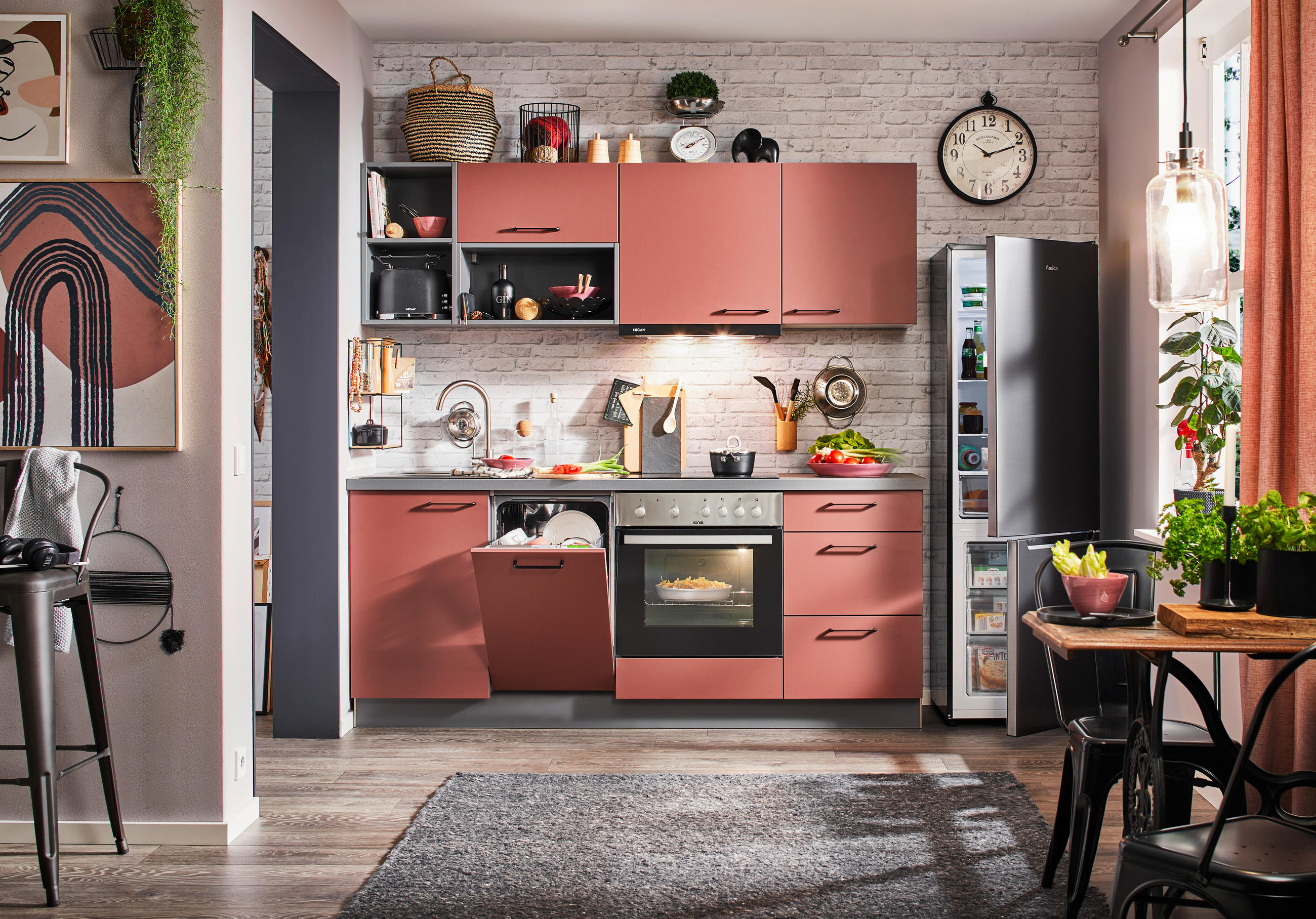 KÜCHENBLOCK   in Rot  - Anthrazit/Rot, KONVENTIONELL, Holzwerkstoff/Metall (205cm) - Welnova
