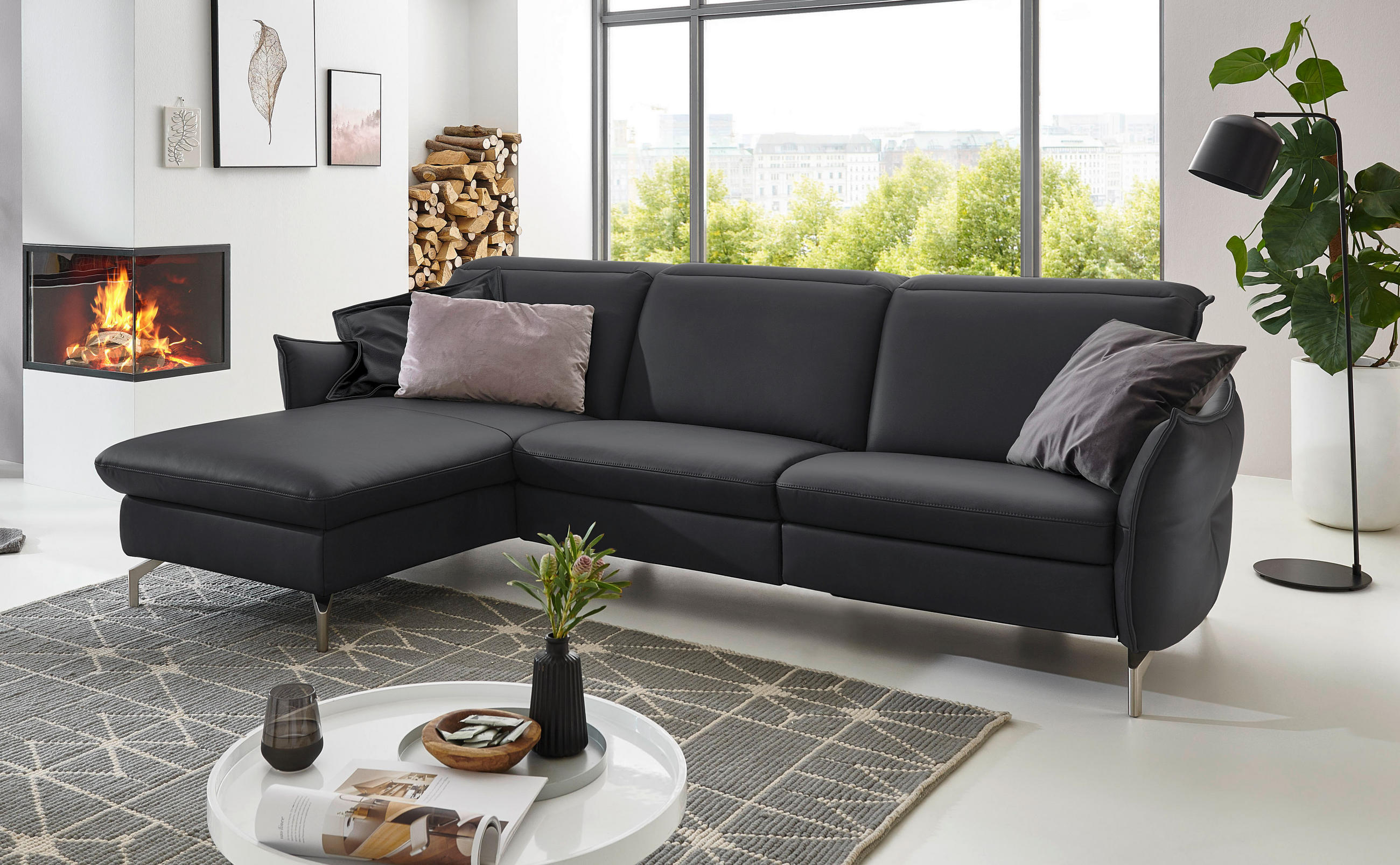 ECKSOFA in Echtleder Anthrazit - Anthrazit/Nickelfarben, Modern, Leder/Metall (179/233cm) - Livetastic