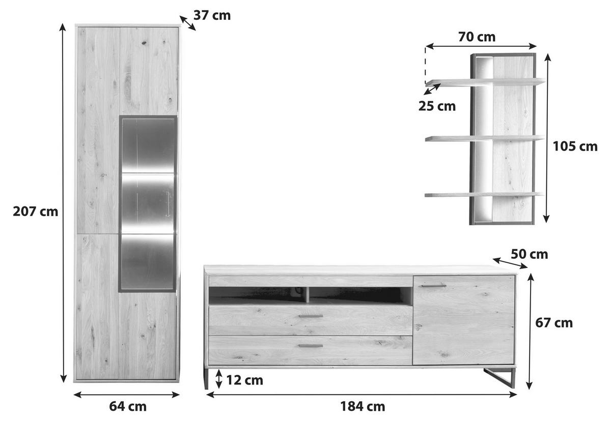 WOHNWAND  in Eichefarben  298/207/50 cm  - Eichefarben/Schwarz, Design, Glas/Holz (298/207/50cm) - Livetastic