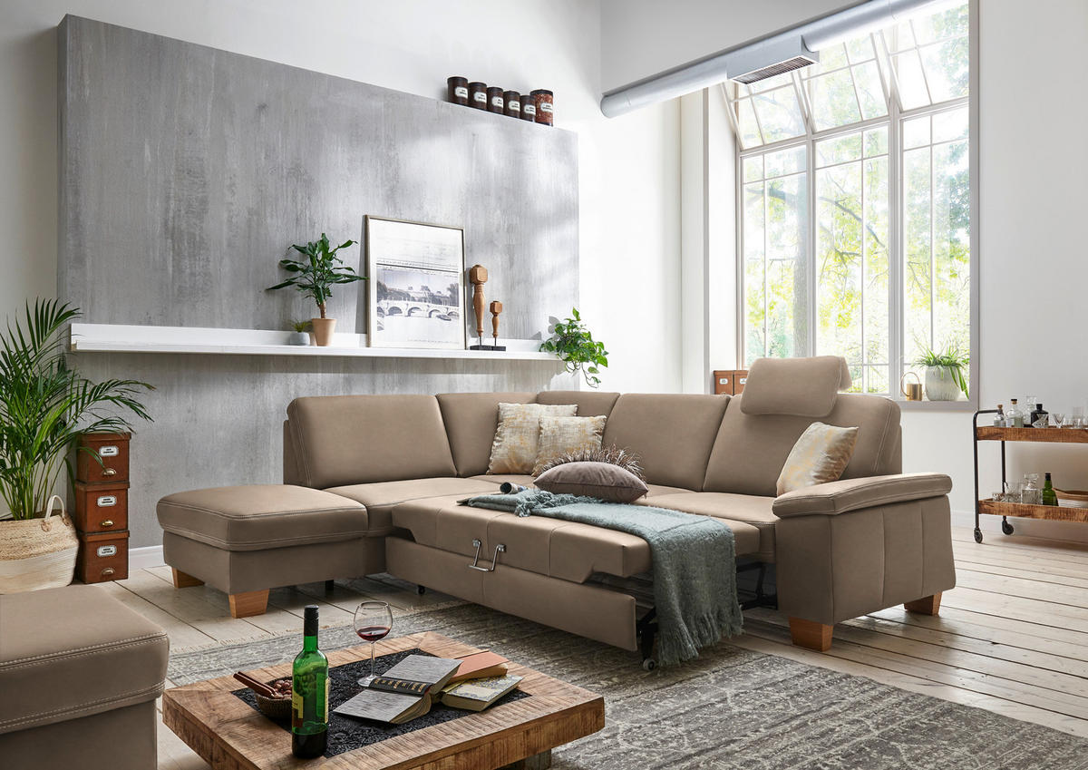 ECKSOFA  in Echtleder Greige  235/274 cm  - Greige/Eichefarben, KONVENTIONELL, Leder/Holzwerkstoff (235/274cm) - Beldomo Premium