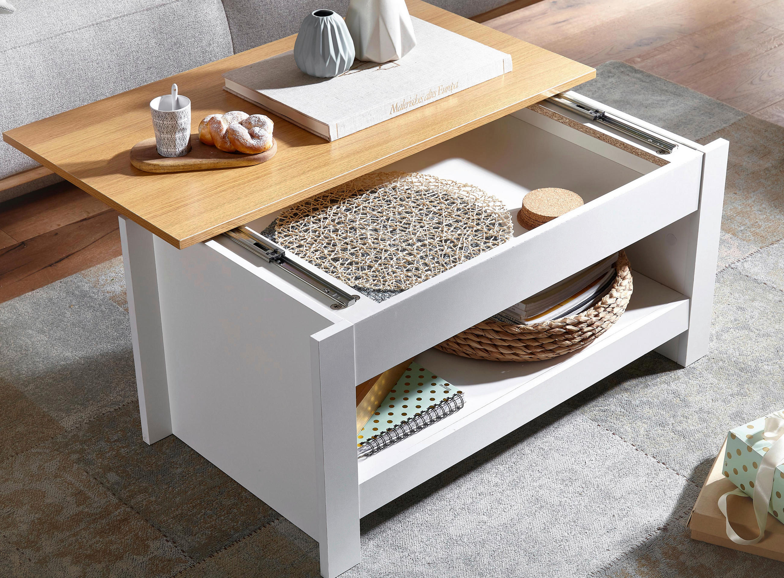 COUCHTISCH 85/47/45 cm rechteckig Weiß, Eichefarben  - Eichefarben/Weiß, MODERN, Holzwerkstoff (85/47/45cm) - MID.YOU