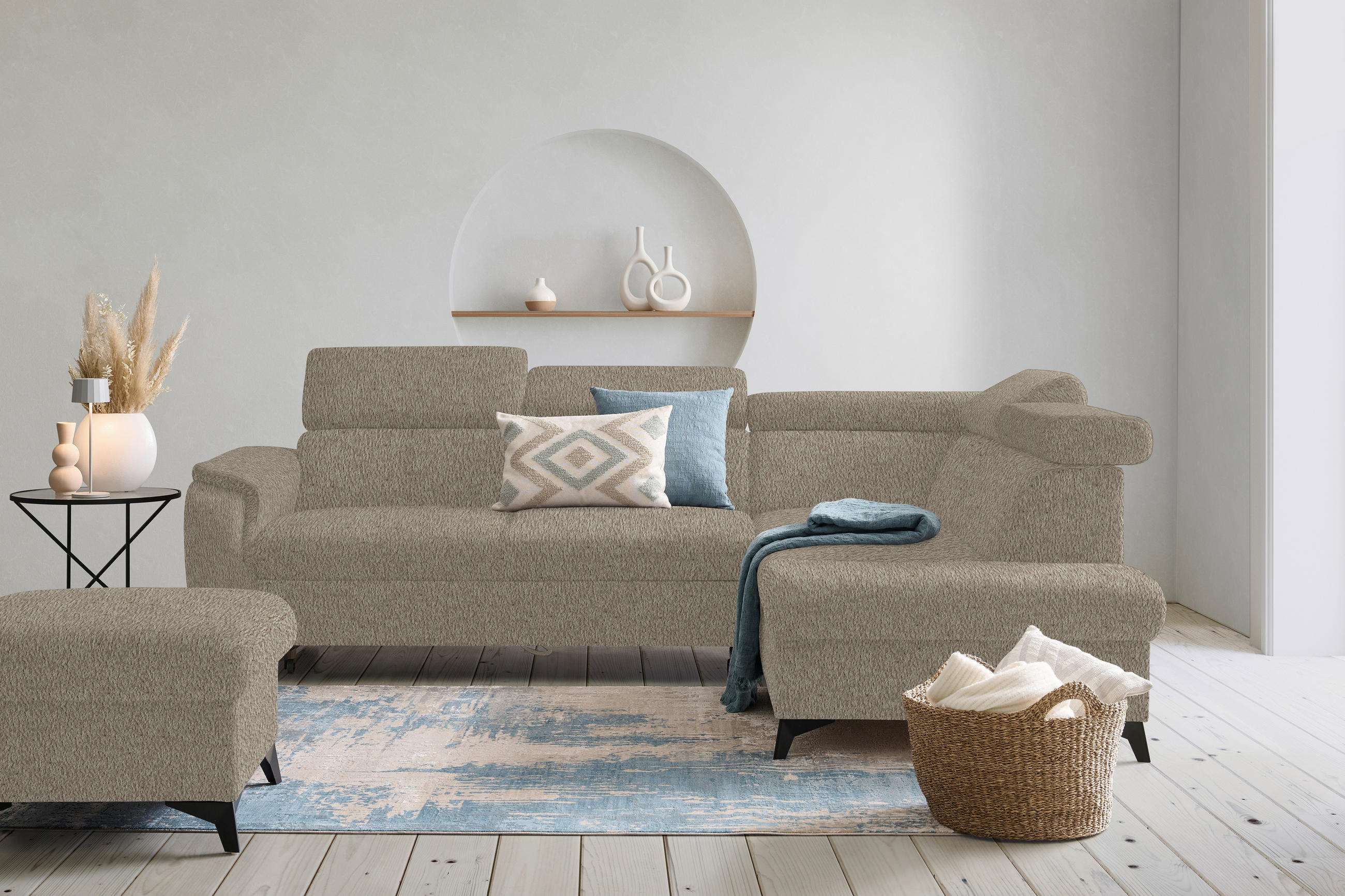 ECKSOFA in Teddystoff Greige  - Greige/Schwarz, Design, Textil/Metall (260/203cm) - Stylife