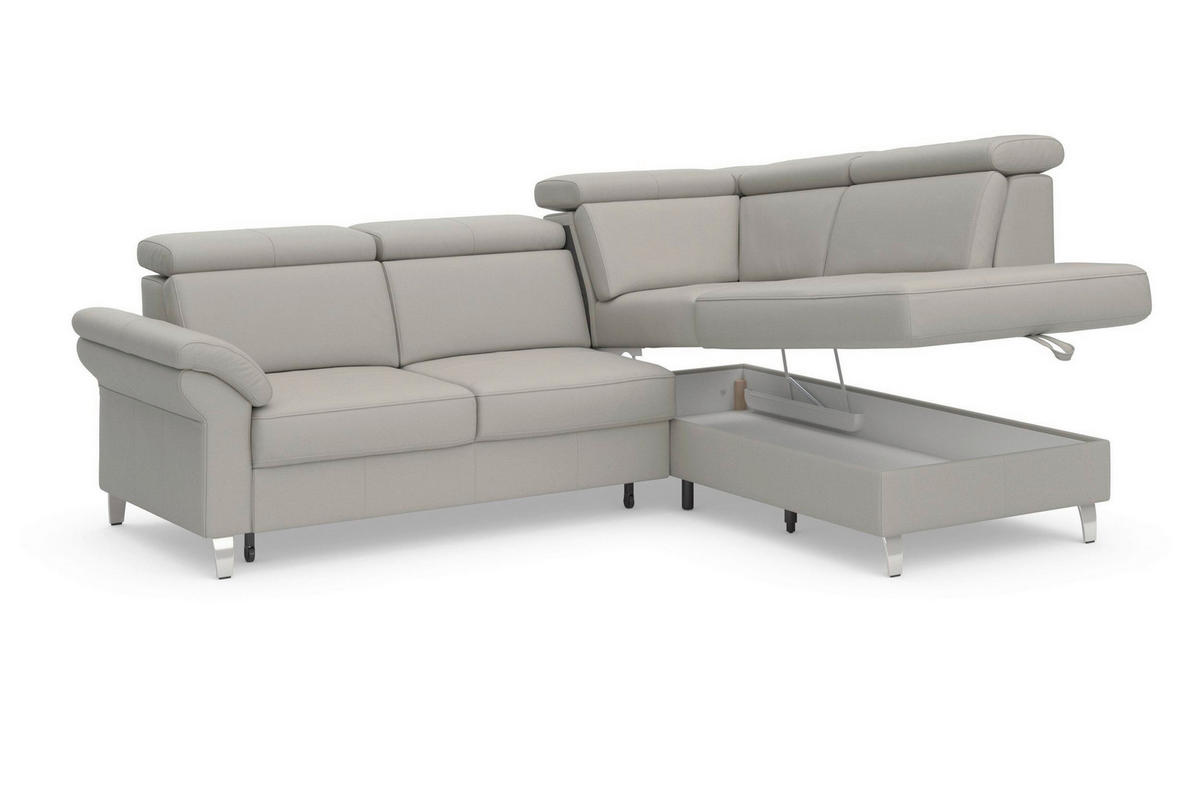 ECKSOFA ARNGAST E Hellgrau Kombination Echtleder/Stoff Mikrofaser Bettkasten, Kopfteilverstellung  - Chromfarben/Hellgrau, Basics, Leder/Textil (245/194cm) - Sit & More
