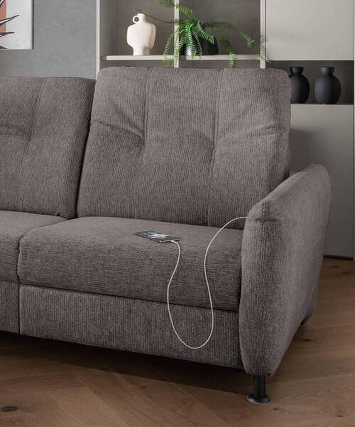 ECKSOFA in Chenille Graubraun  - Graubraun/Schwarz, Modern, Textil/Metall (198/270cm) - Livetastic