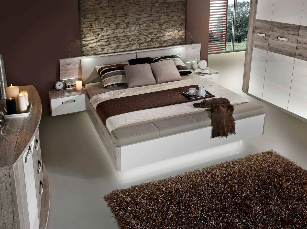 ÁGYSZETT 180/200 cm  homok, magasfényű fehér  - magasfényű fehér/homok, Design, bőr/faalapú anyag (180/200cm) - Xora