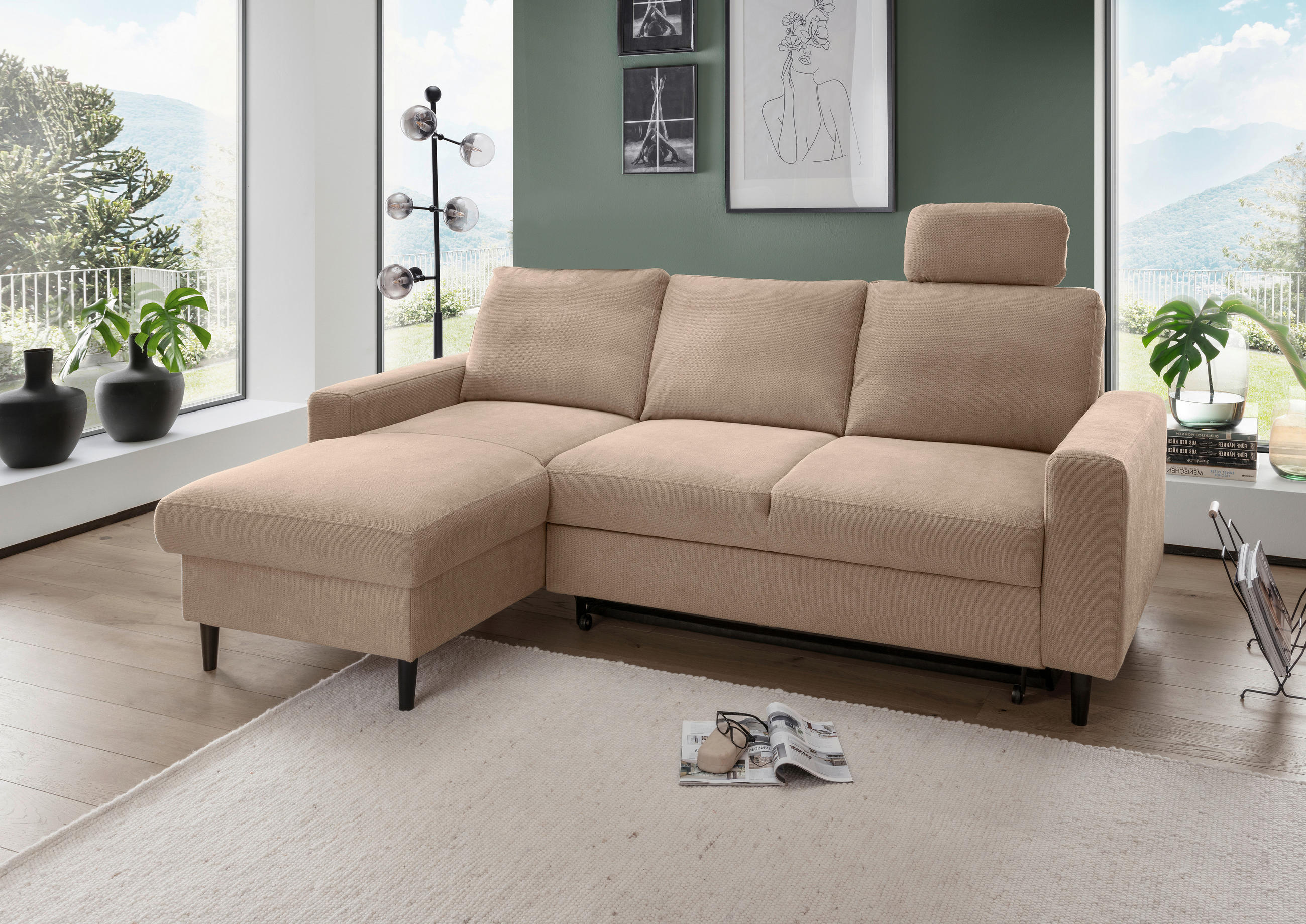 ECKSCHLAFSOFA Passione  mit Typenauswahl, Rücken echt Chenille Hellbraun  - Hellbraun/Schwarz, MODERN, Holz/Textil (147/234cm) - Livetastic