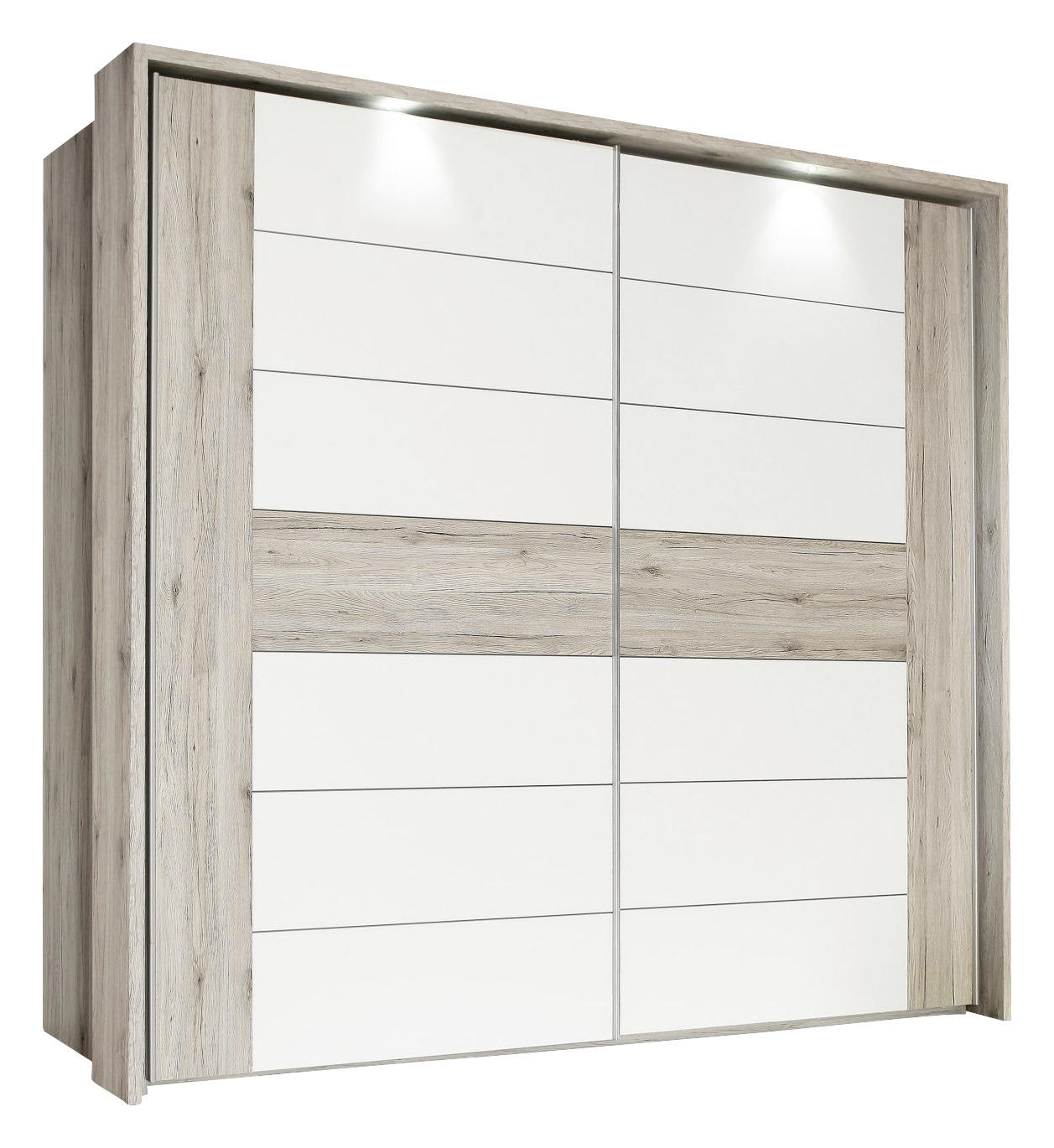 SCHWEBETÜRENSCHRANK in Eichefarben, Weiß Hochglanz - Edelstahlfarben/Eichefarben, Design, Holzwerkstoff/Metall (270/210/61cm) - Carryhome