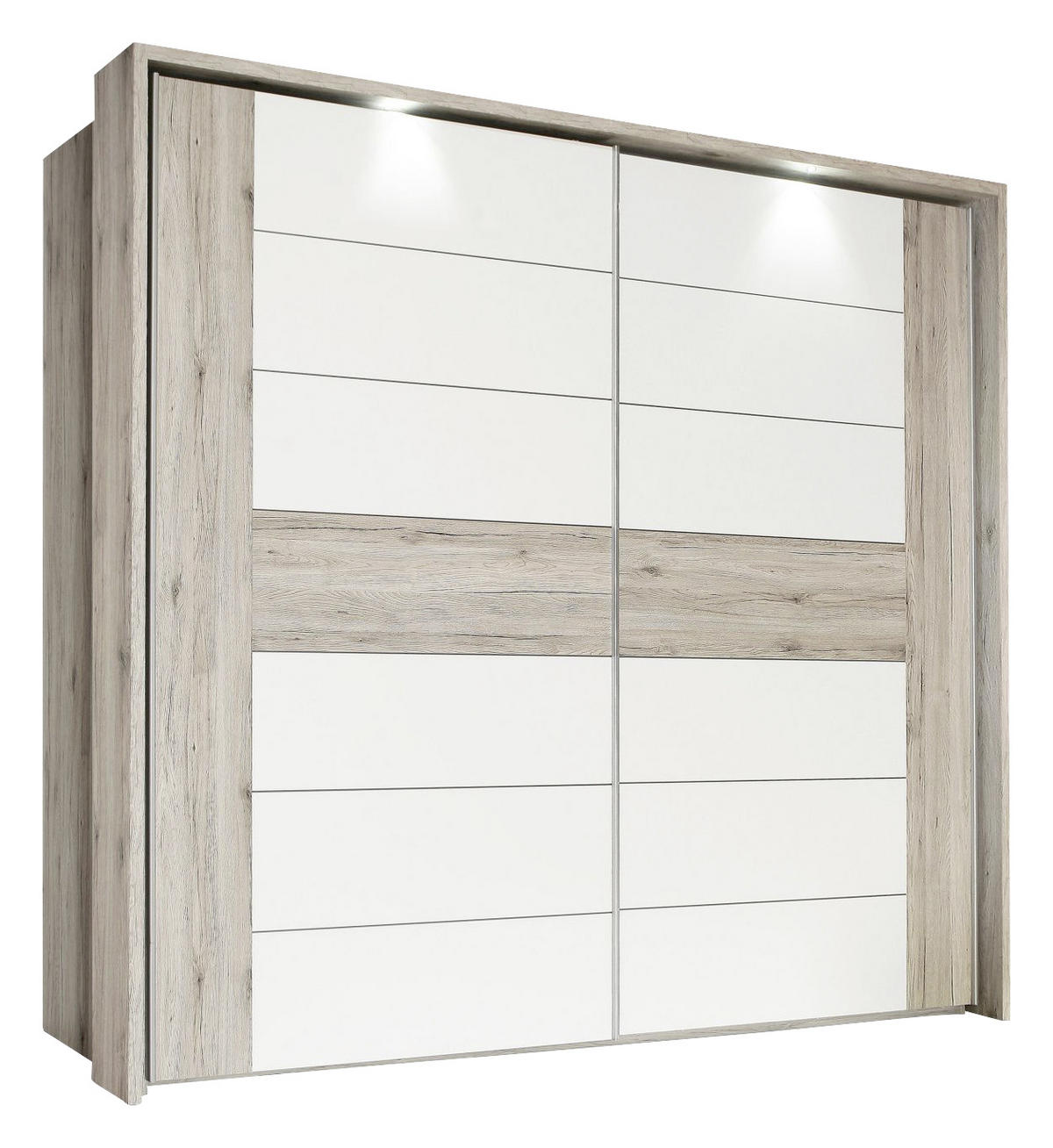 SCHWEBETÜRENSCHRANK 270/210/61 cm 2-türig Eichefarben, Weiß Hochglanz  - Edelstahlfarben/Eichefarben, Design, Holzwerkstoff/Metall (270/210/61cm) - Carryhome