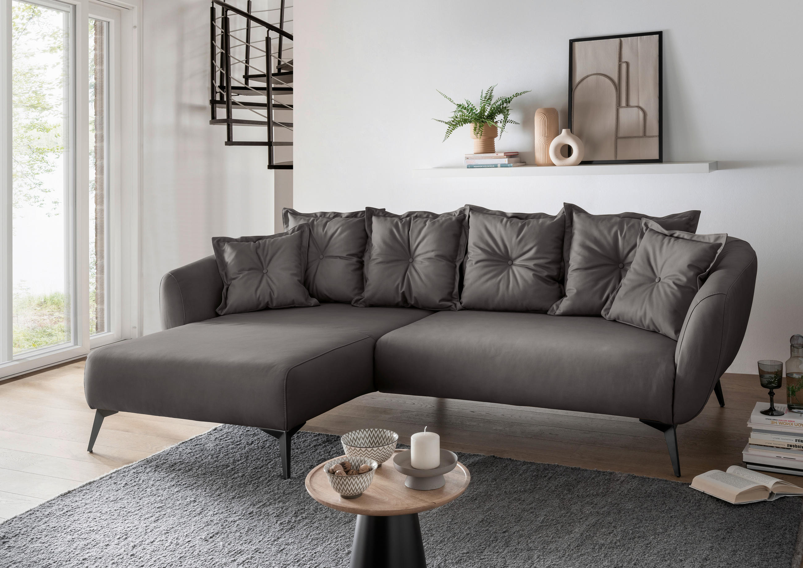 ECKSOFA in Lederlook Anthrazit  - Anthrazit/Schwarz, Modern, Textil/Metall (162/277cm) - Livetastic