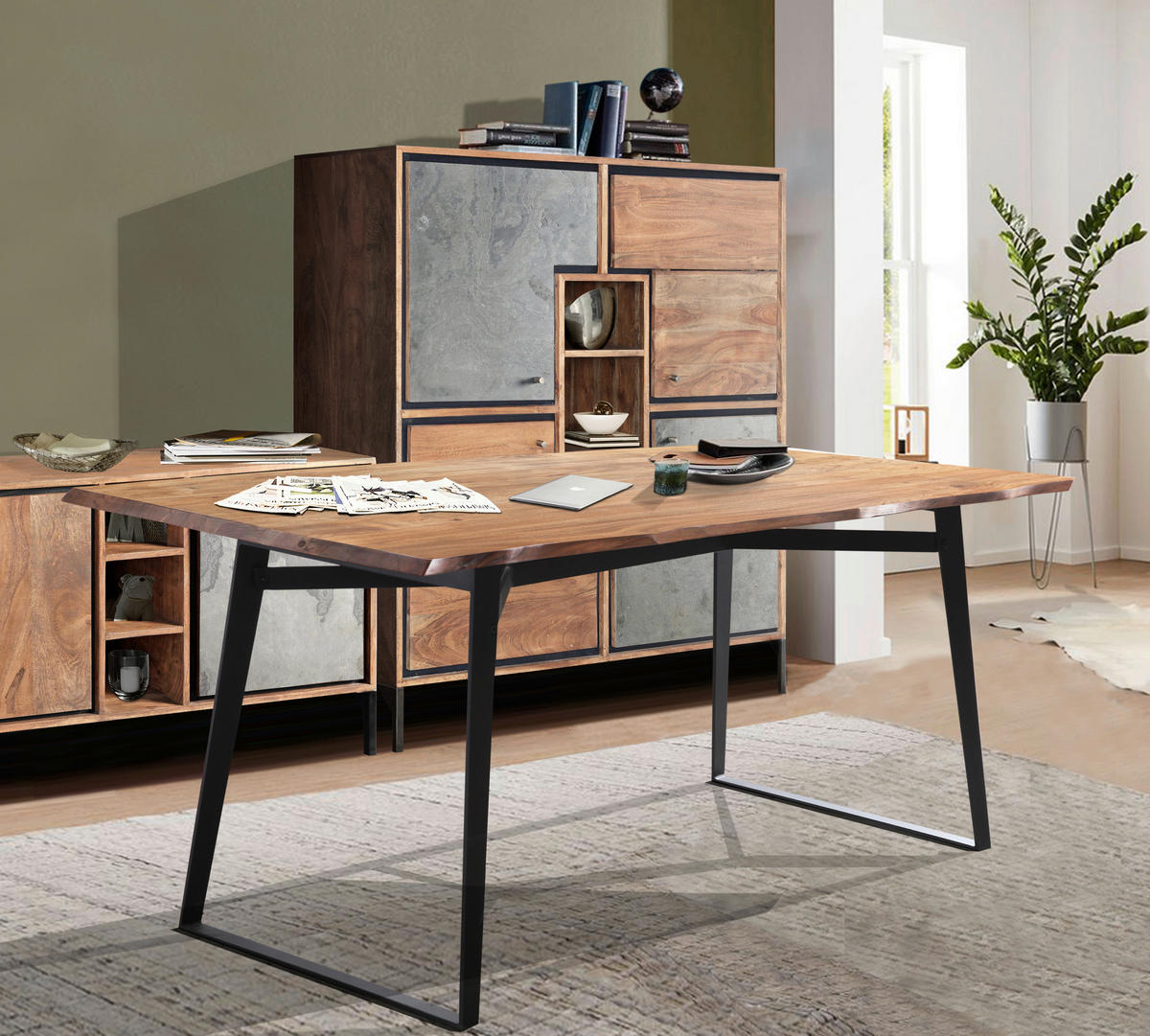 ÉTKEZŐASZTAL - akácia színű/fekete, Modern, fa/fém (160/90/77cm) - Livetastic