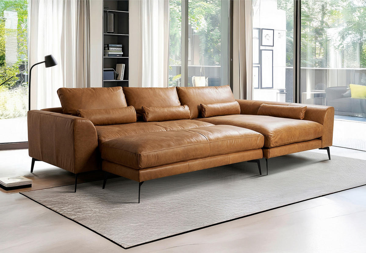 HOCKER BERLIN Echtleder Cognac  - Cognac/Schwarz, Design, Leder/Metall (163/46/62cm) - Livetastic